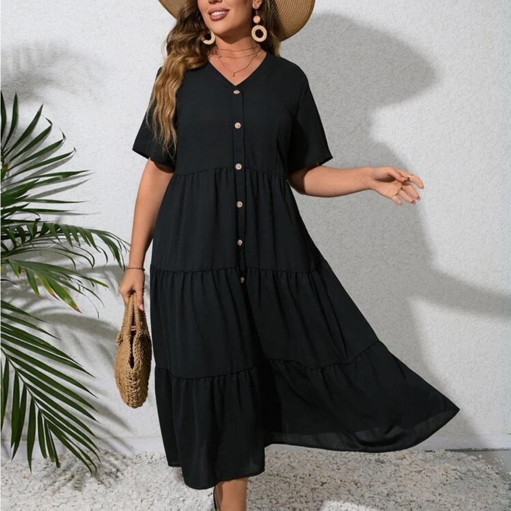 Button Front Ruffle Hem Smock Dress